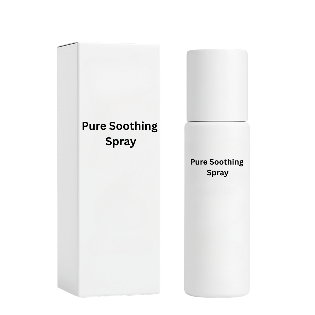 White bottle and box of Pure Soothing Spray for skincare, promoting smooth and calm skin appearance.
