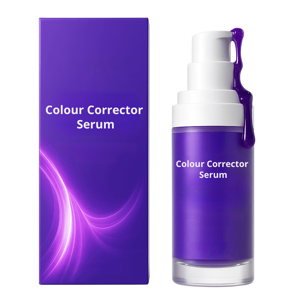 Colour Corrector Serum packaging and product bottle, promoting smoother-looking skin and a polished appearance.