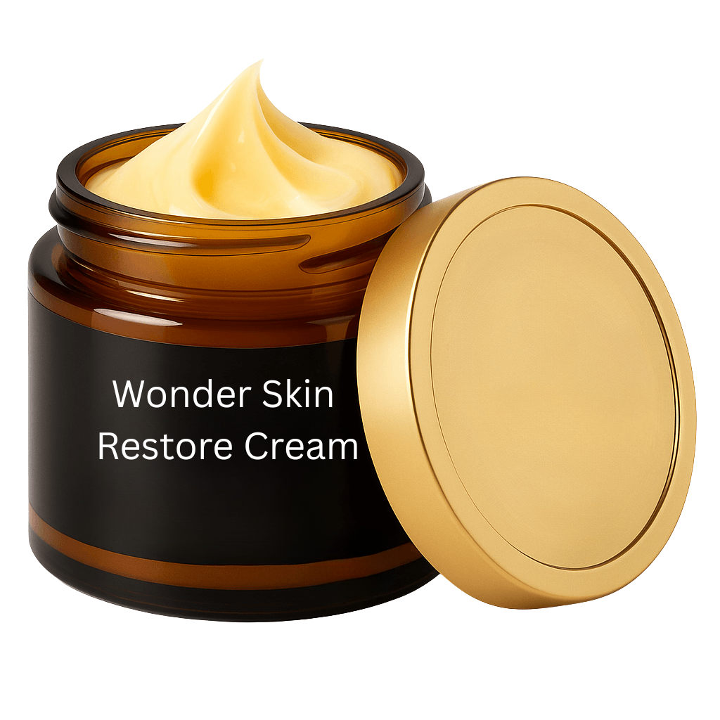 Wonder Skin Restore Cream in a jar with a soft yellow cream texture, emphasizing skincare benefits and daily use.