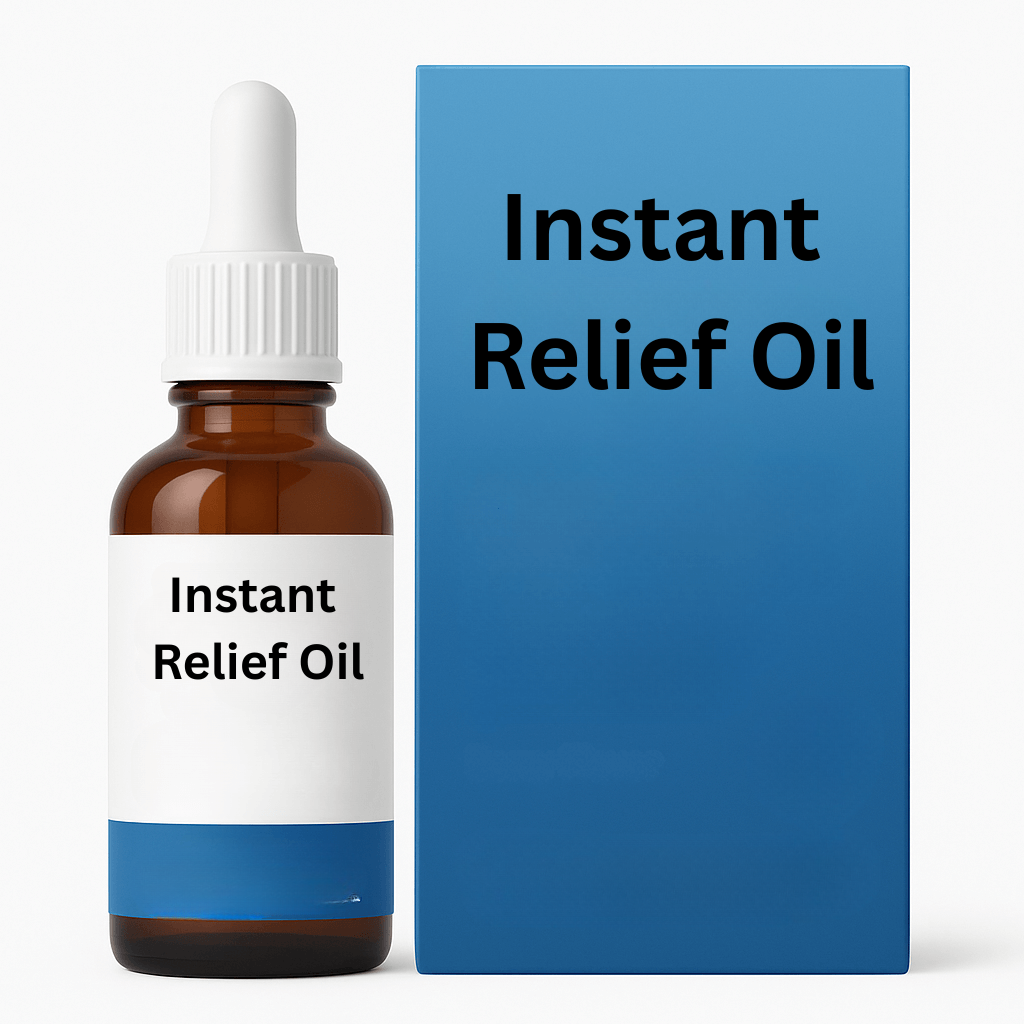 Instant Relief Oil bottle and packaging providing everyday skin care with silky-smooth finish.
