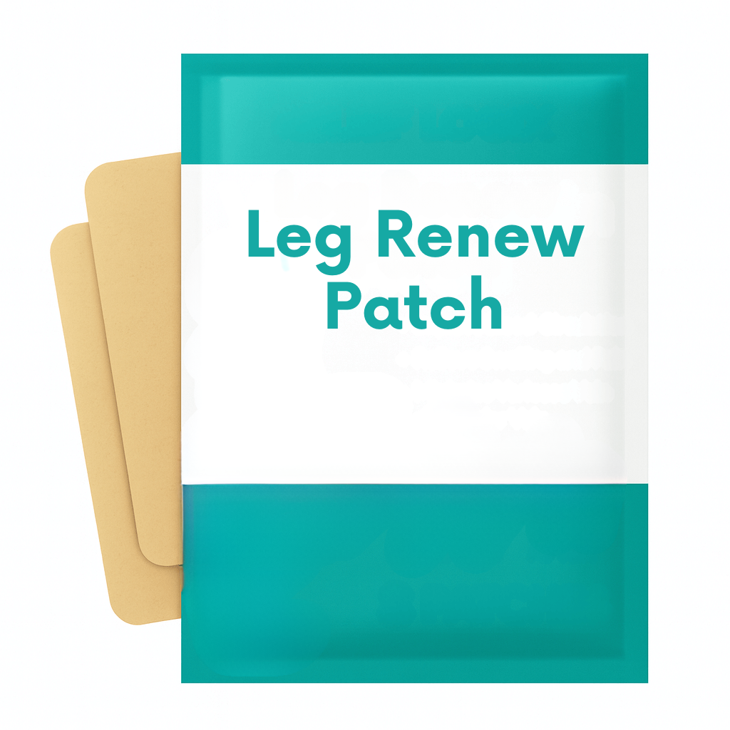 Leg Renew Patch skincare product packaging featuring botanical-inspired ingredients for leg care.