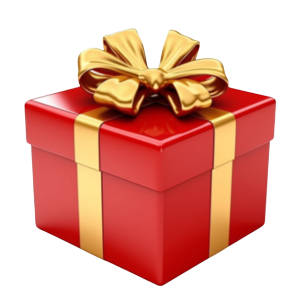 A vibrant red gift box with a golden ribbon and bow, representing the 🎁 Free Gift 🎁 offered with a 6 pcs bundle.