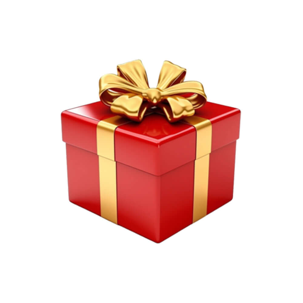 Red gift box with a golden bow representing the Mystery Adds-Up Gift for beauty and wellness.