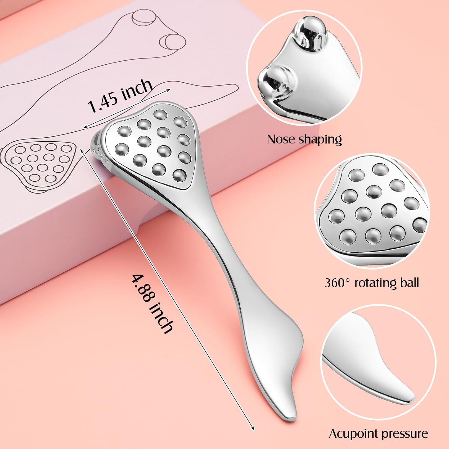 Quivy 4-in-1 Facial Metal Roller & Gua Sha Tool featuring a sleek design for nose shaping and acupoint pressure.