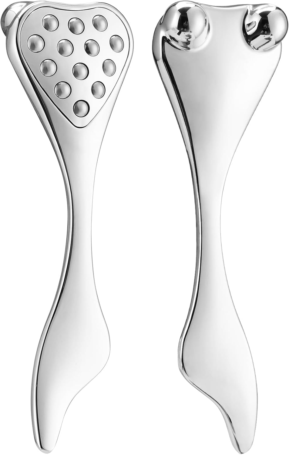 Quivy 4-in-1 Facial Metal Roller & Gua Sha Tool featuring a sleek metal design for skincare and massage.