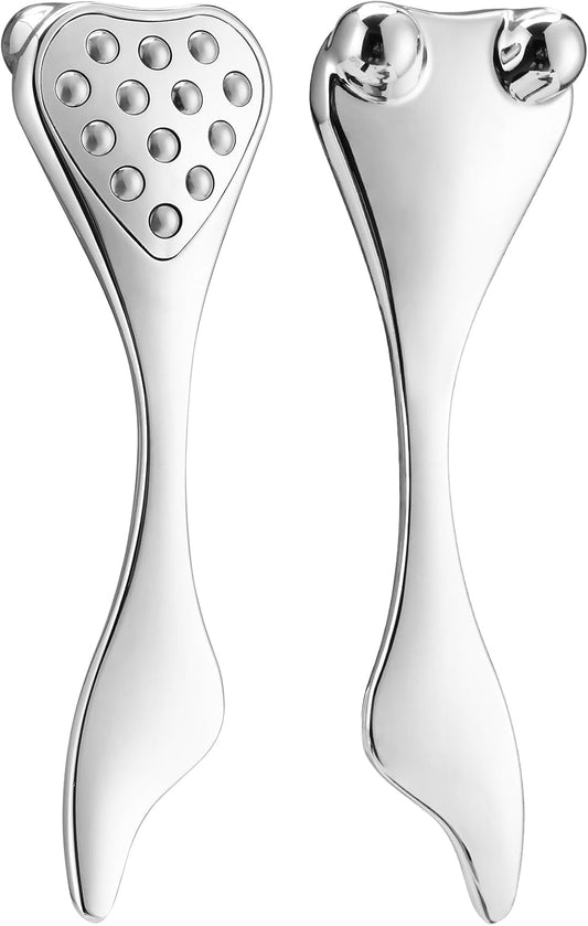 Quivy 4-in-1 Facial Metal Roller & Gua Sha Tool showcasing its sleek metal design for facial sculpting and massage.