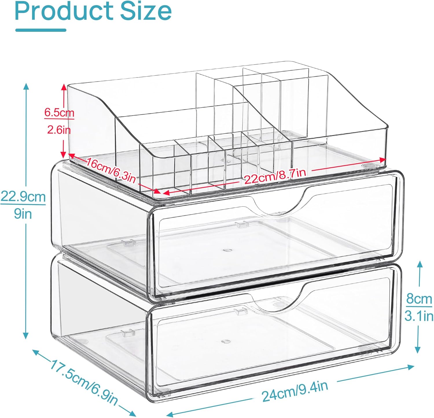 Quivy ClearStack dimensions and design showcasing 3-tier makeup organizer with drawers and compartments.