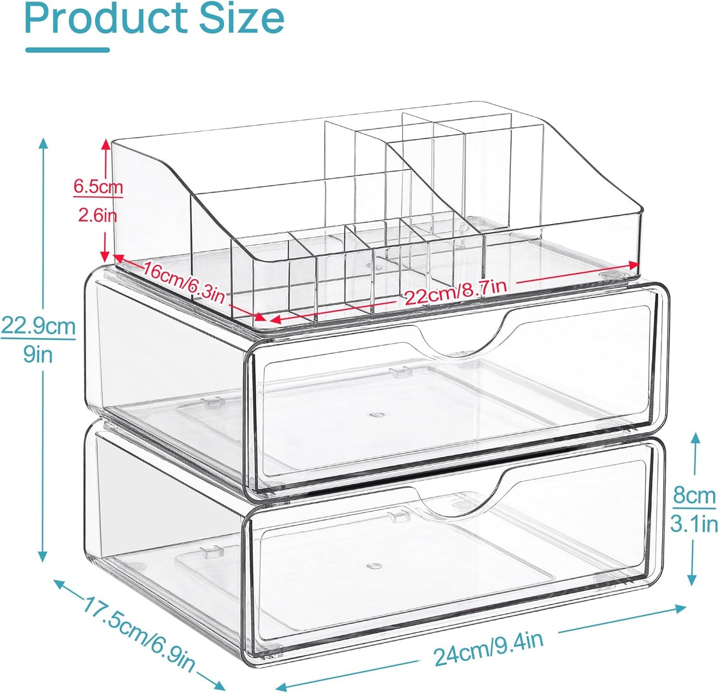 Quivy ClearStack makeup organizer dimensions and product size guide for beauty essentials.
