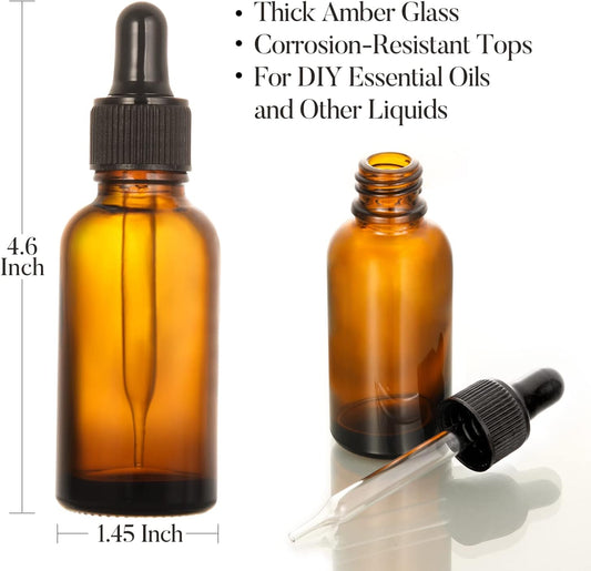 Quivy DropSet 2 oz dark amber glass dropper bottles with corrosion-resistant tops for essential oils and liquids.