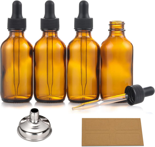 Quivy DropSet premium 4-pack of 2 oz dark amber glass dropper bottles with dropper and funnel.