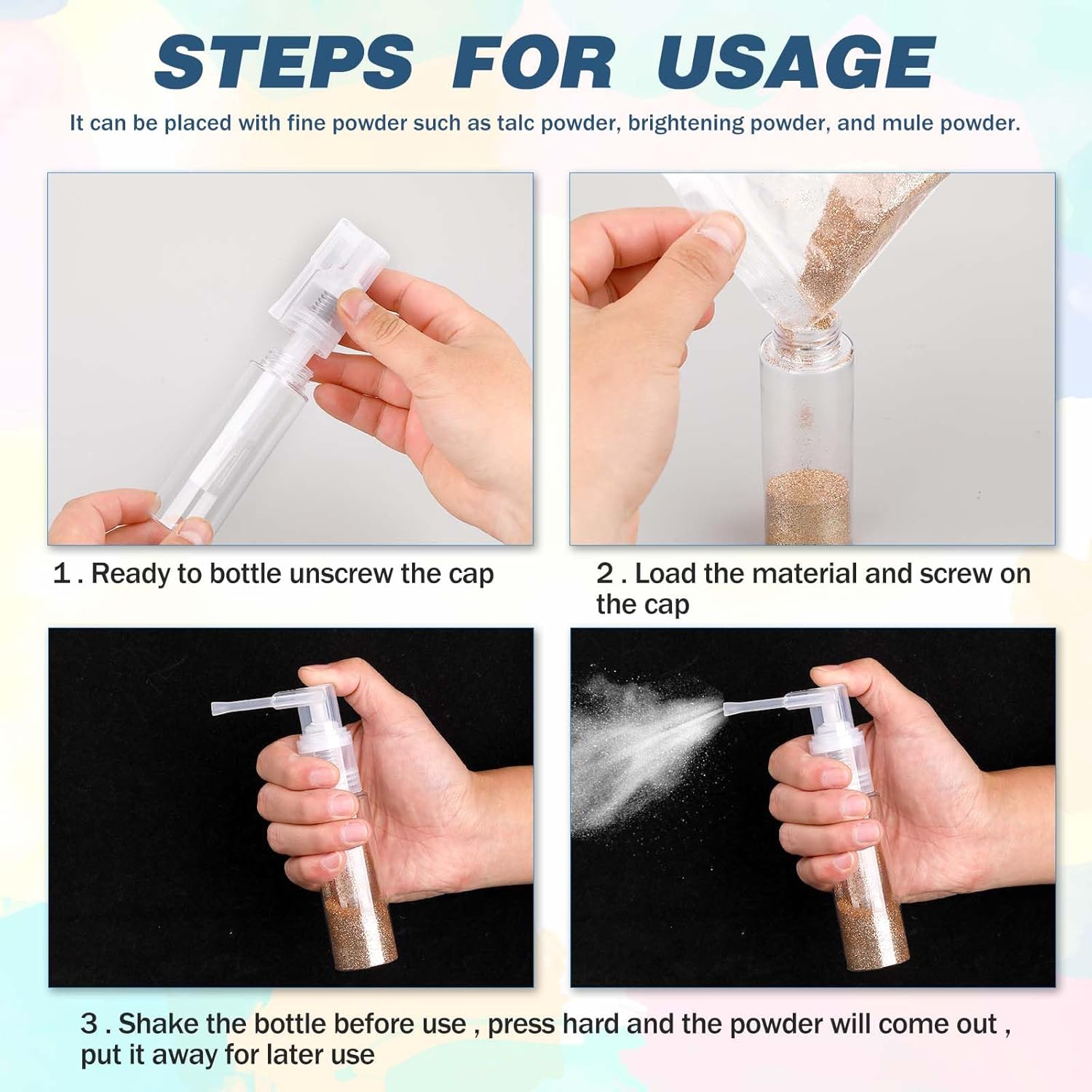 Steps for using the Quivy DustMist Bottle to apply powders effortlessly and evenly.