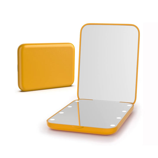 Quivy GlowPocket Mirror in yellow, compact design with dual-sided mirror and LED lights for flawless touch-ups.