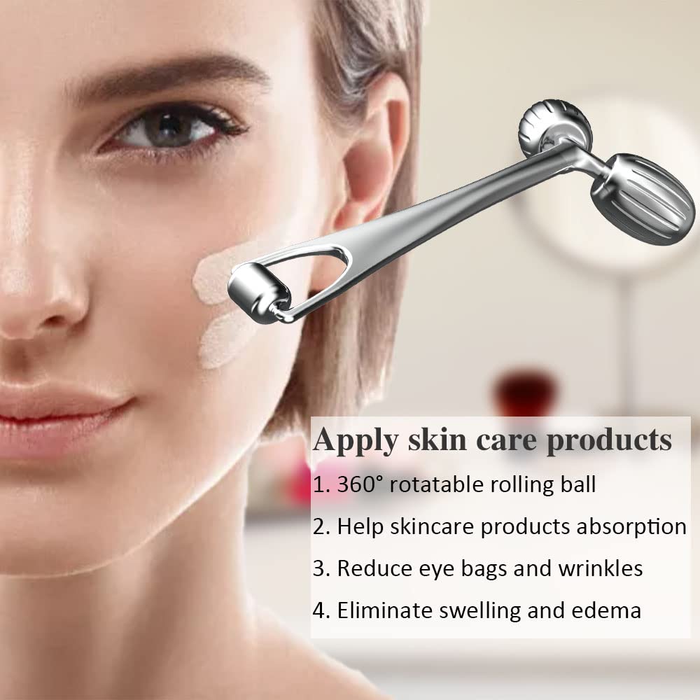 Woman using Quivy GlowSculpt stainless steel face roller to enhance skincare absorption and reduce wrinkles.