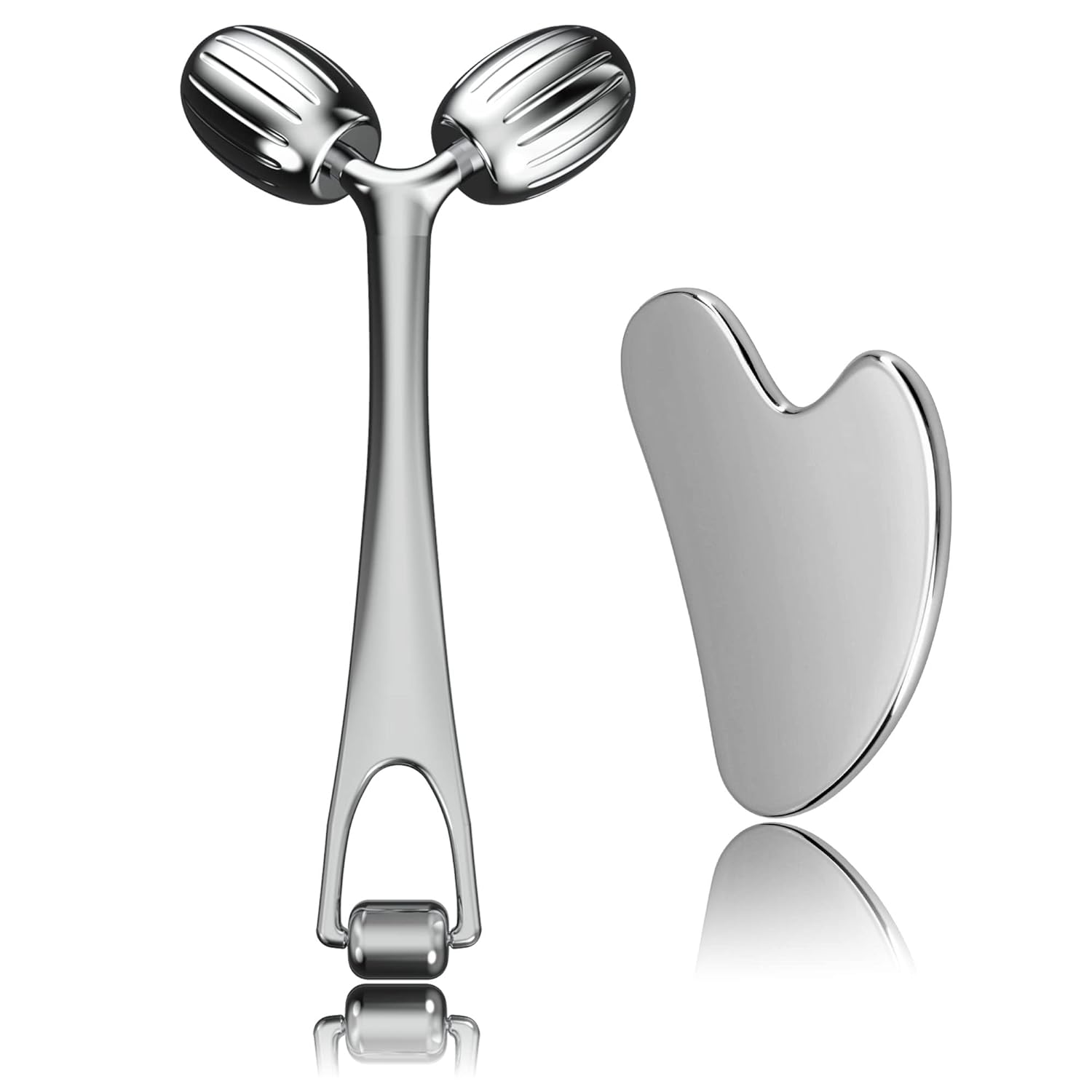 Quivy GlowSculpt stainless steel face roller and gua sha set for skincare, promoting circulation and reducing puffiness.