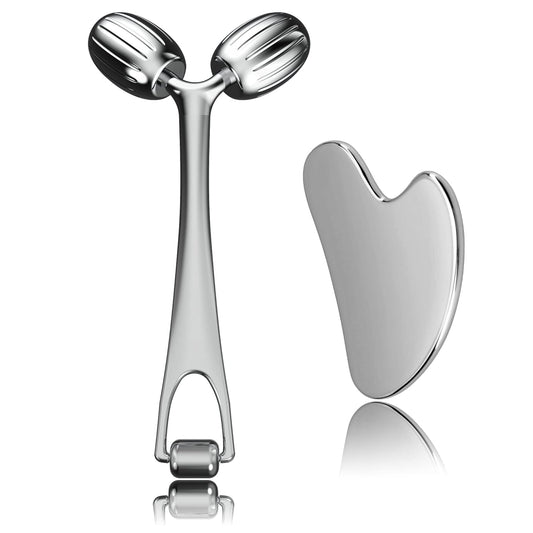 Quivy GlowSculpt stainless steel face roller and gua sha set for skincare, promoting circulation and reducing puffiness.