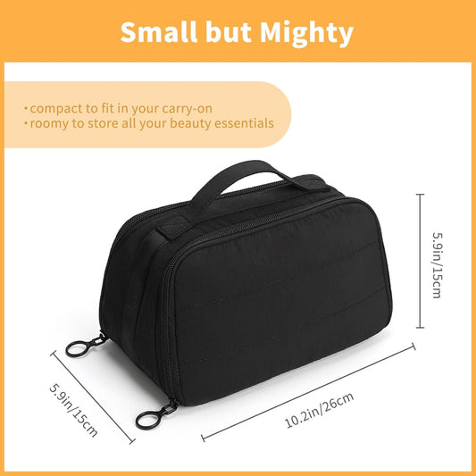 Quivy LuxeCase compact makeup bag ideal for travel, featuring dual compartments and durable water-resistant fabric.