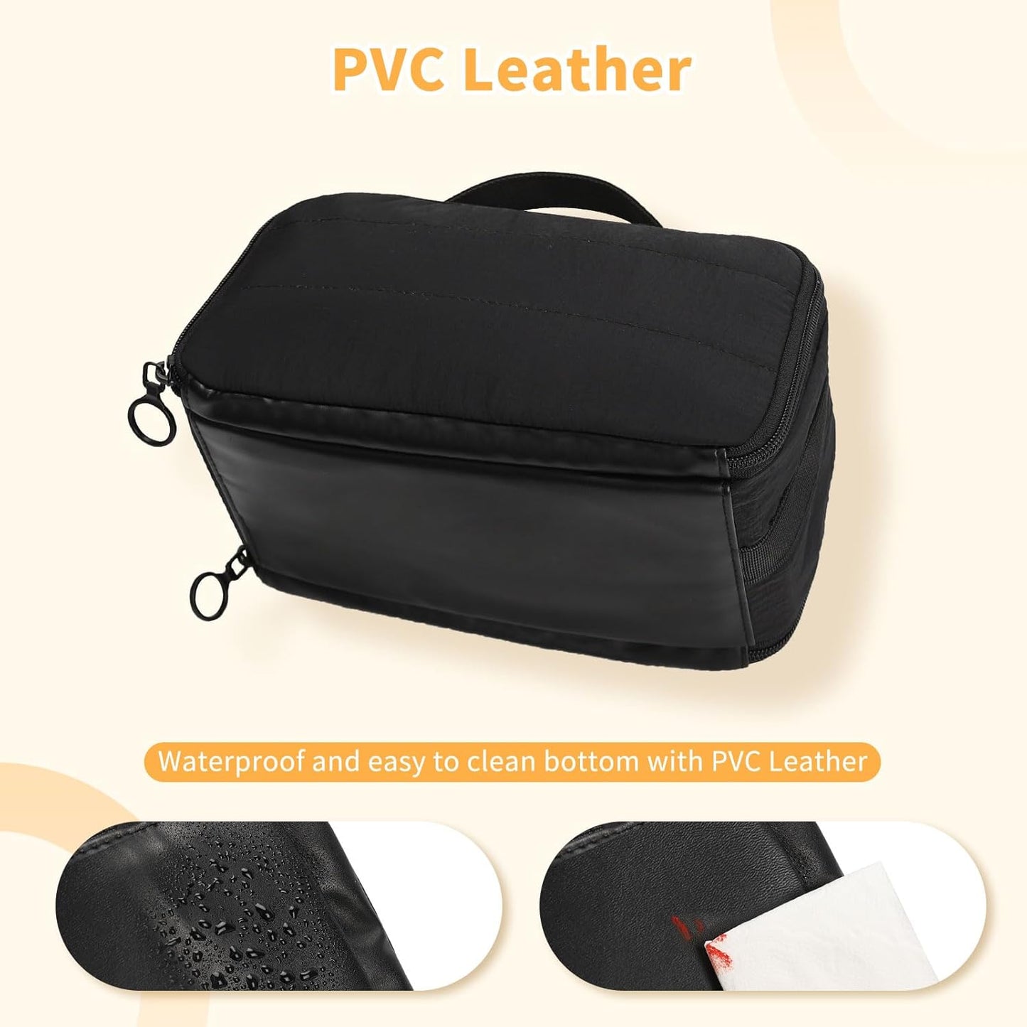 Quivy LuxeCase makeup bag featuring waterproof PVC leather for easy cleaning and durability.
