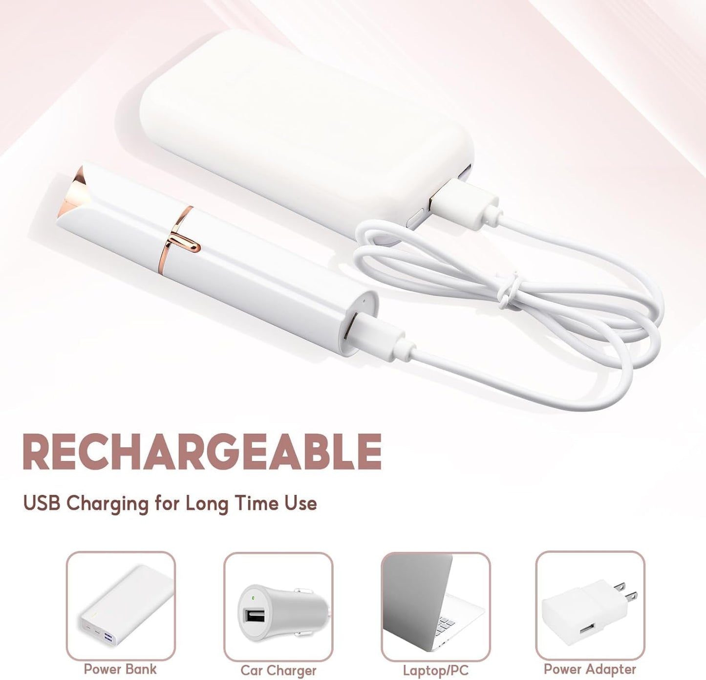 Quivy SmoothErase rechargeable facial hair remover with USB charging for convenience and long-time use.