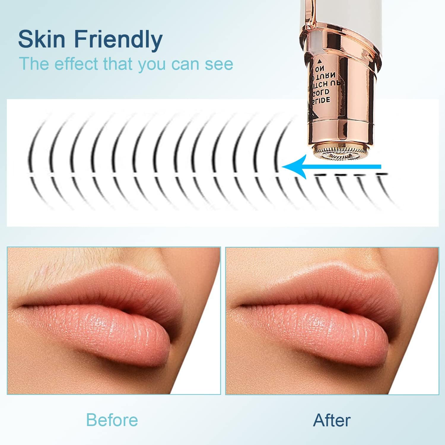 Quivy SmoothErase showing before and after results of facial hair removal, highlighting skin friendliness.